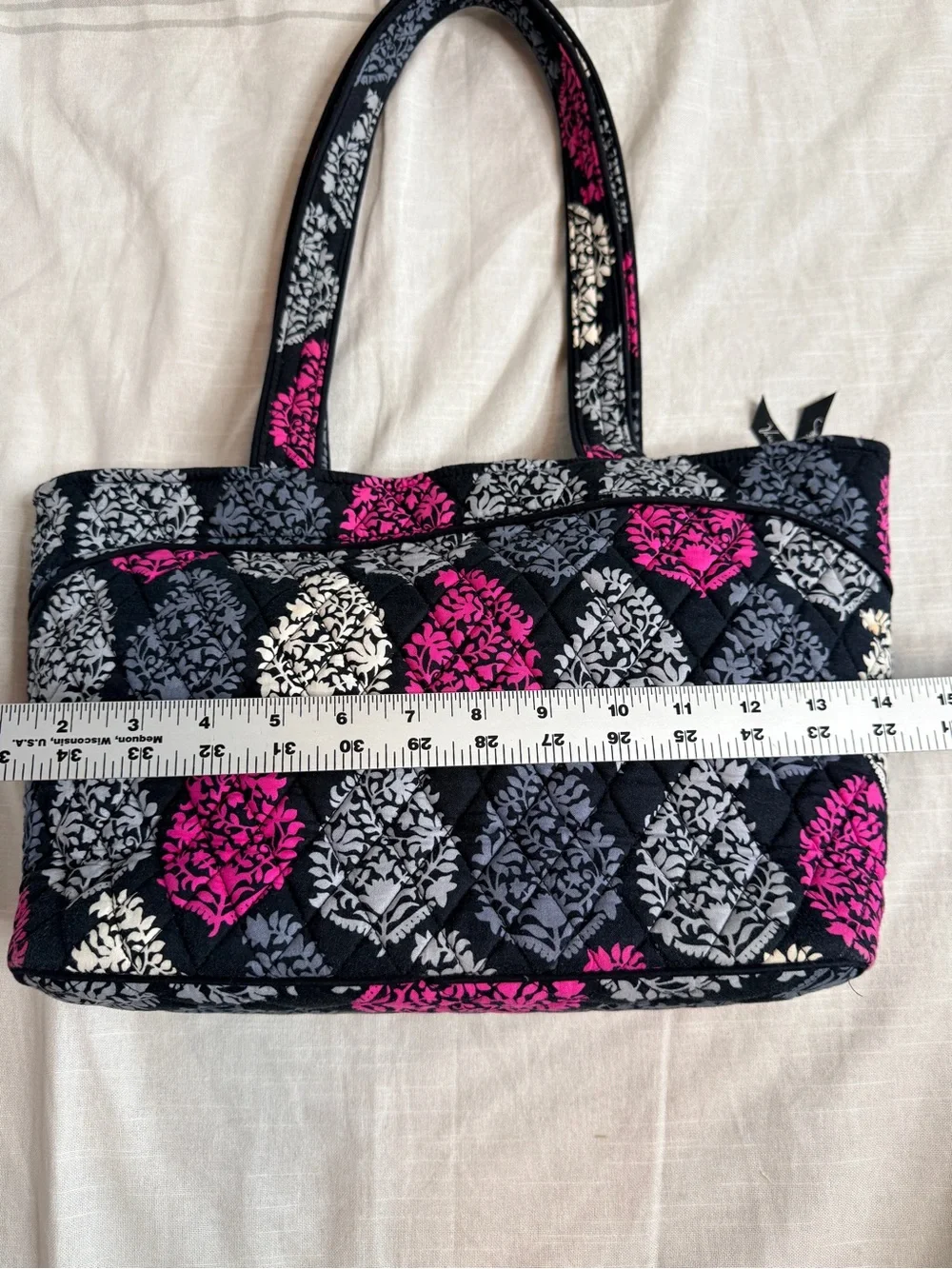 Vera Bradley Tote Shoulder Bag Northern Lights Black Pink Leaf Print Cotton